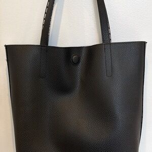 Modern minimalist Vegan Leather Black Tote Bag with easy magnetic closure